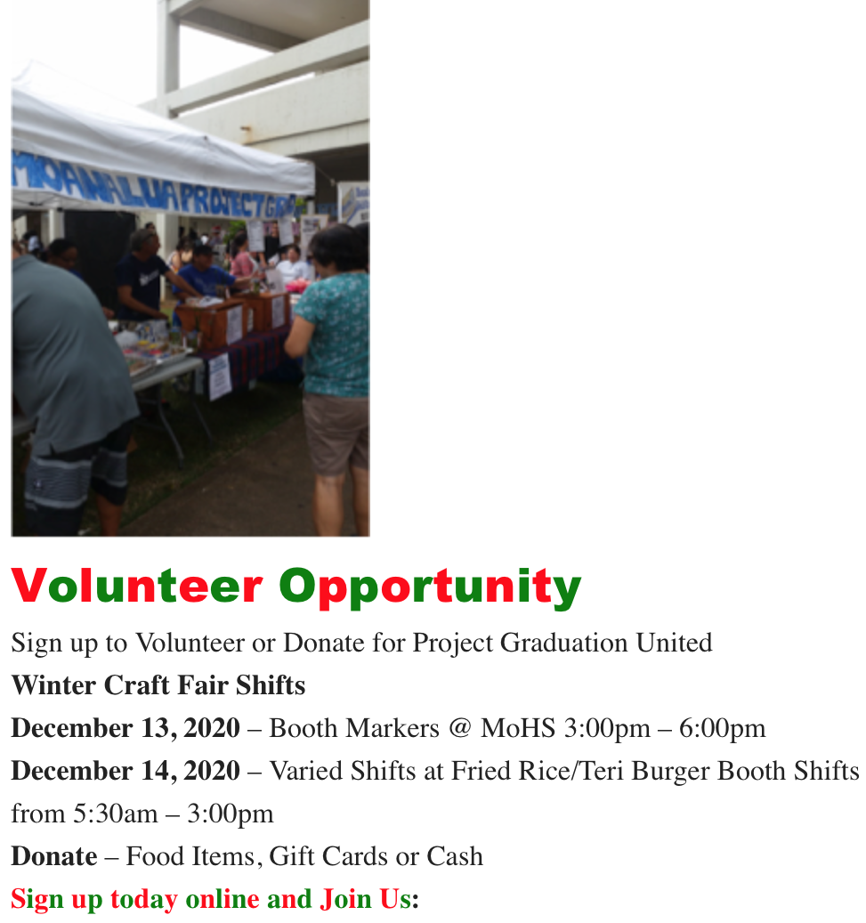 Help Needed at the Winter Craft Fair PGU Booth MOANALUA PROJECT